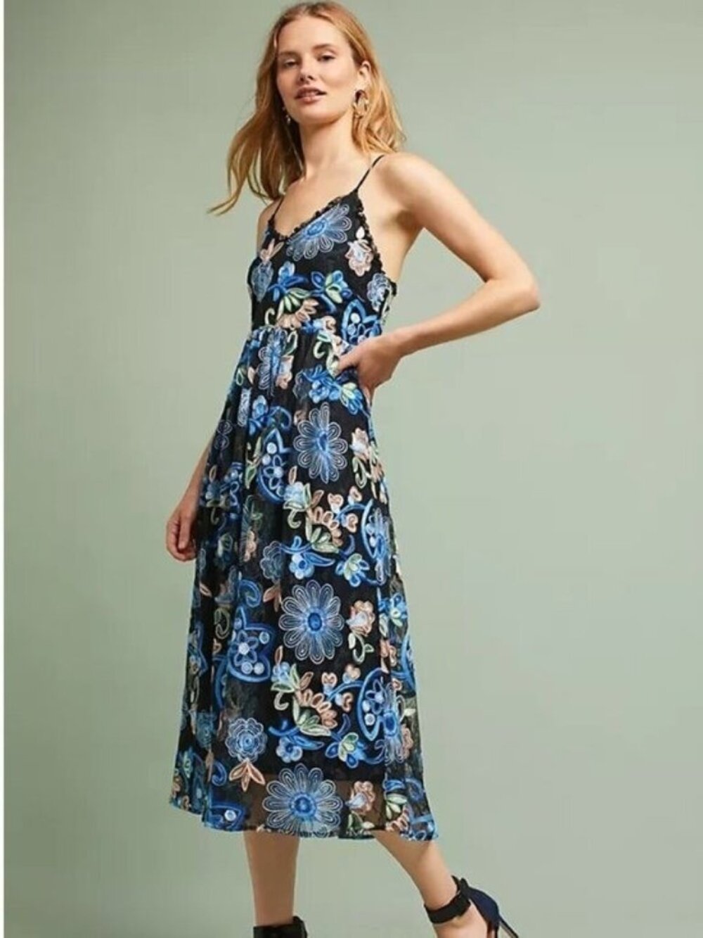 🛍 Anthropologie Eri & Ali Marlene Floral Embroidered Lace Midi Dress Blue